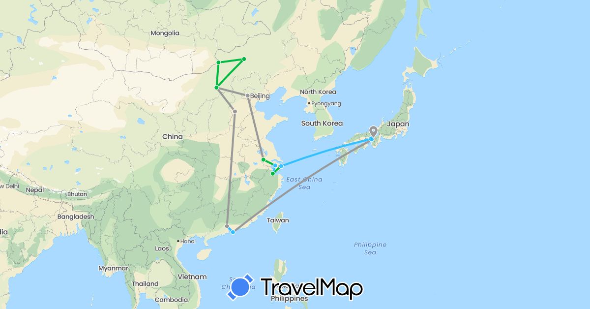 TravelMap itinerary: driving, bus, plane, boat in China, Japan (Asia)