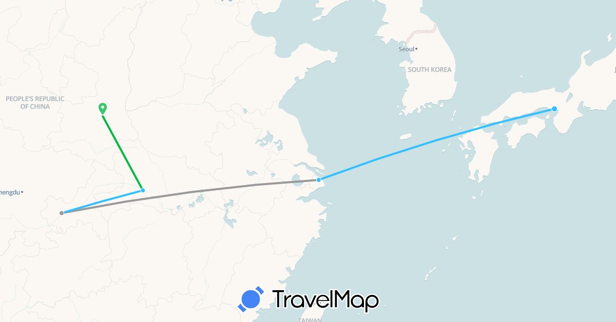 TravelMap itinerary: driving, bus, plane, boat in China, Japan (Asia)